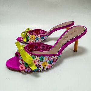 Betsey Johnson Neon 3D Floral Appliqué Open Toe Heels | Size 6.5